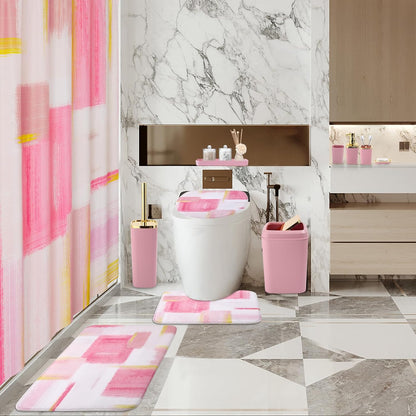 XLHOMO Bathroom Set - Elegant Pink & Gold Accessories with Shower Curtain, Rugs & Dispenser