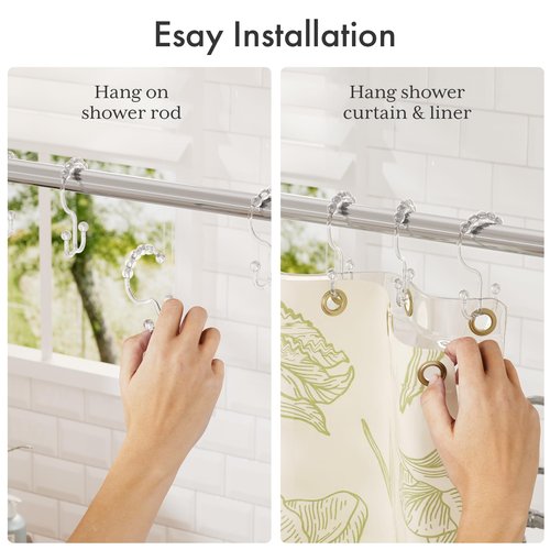 Amazer Plastic Shower Curtain Hooks, Shower Curtain Rings, Double Shower Rings Clear Shower Hooks for Shower Curtain Bathroom Set of 12