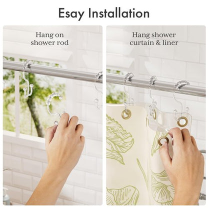 Amazer Plastic Shower Curtain Hooks, Shower Curtain Rings, Double Shower Rings Clear Shower Hooks for Shower Curtain Bathroom Set of 12