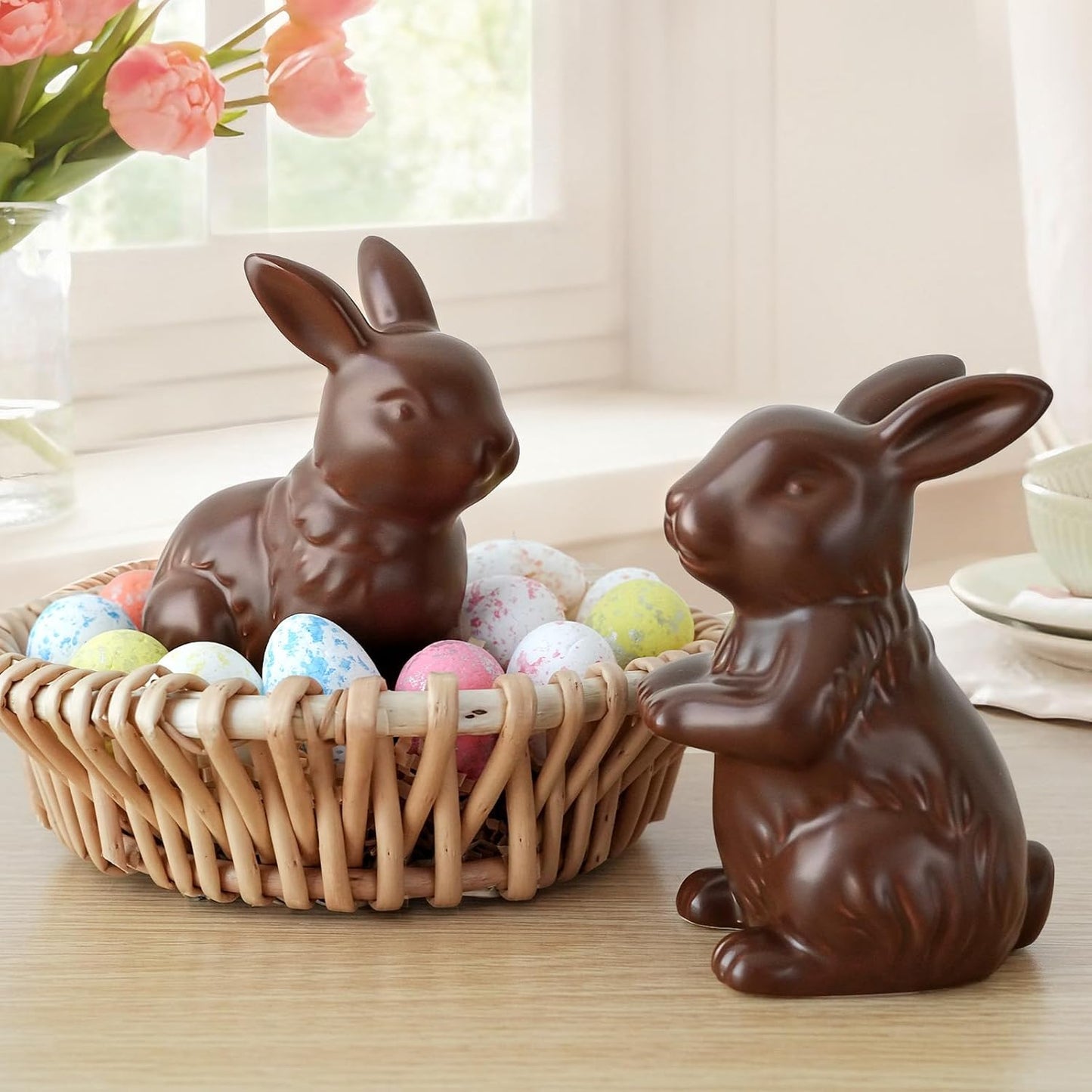 Zesua Easter Decorations | Set of 2 Elegant Ceramic Bunny Figurines for Spring Home Decor