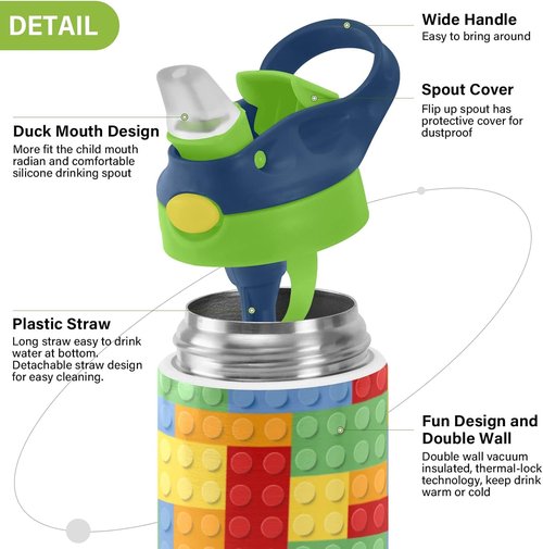 Kigai Insulated Water Bottle for Kids - 12oz Building Blocks Design with Straw Lid & Stainless Steel