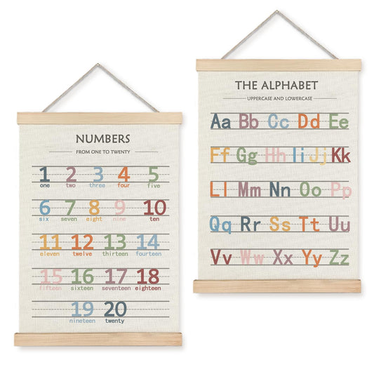LUVADIAN Boho Classroom Decor - Alphabet Numbers Educational Poster Hanger Frame Set of 2, Nursery Wall Decor, Toddler Learning Posters for Nursery Kids Room Playroom Classroom Decor, 16x24 Inches(Large)