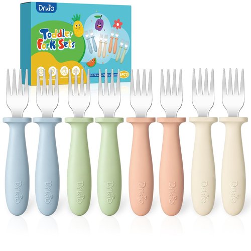 DRKIO 8 Pieces Toddler Forks Set - Baby Forks with Silicone Handle Children safe 18/8 Stainless Steel Toddler Utensils Set for Self Feeding Kids Silverware Anti-Choke Design Food Grade Dishwasher Safe
