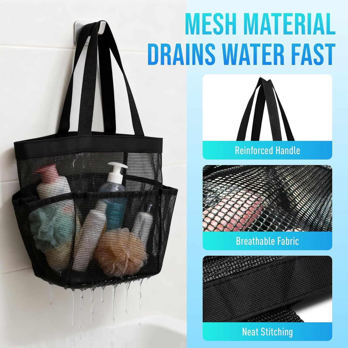 Skiennix Mesh Shower Caddy - Portable Tote Bag with 8 Pockets for Dorm, Gym, Beach & Camping | Rose Red