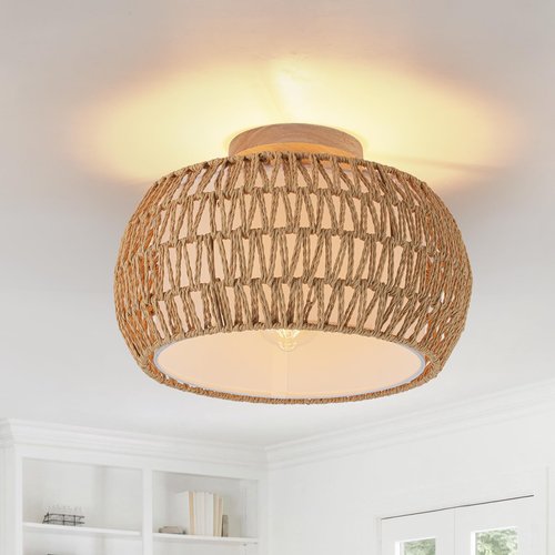 DSLITING Rattan Chandelier Boho Ceiling Light Fixtures Drum Flush Mount Ceiling Light Small Woven Chandelier for Kitchen Bedroom Hallway Nursery Light Fixture