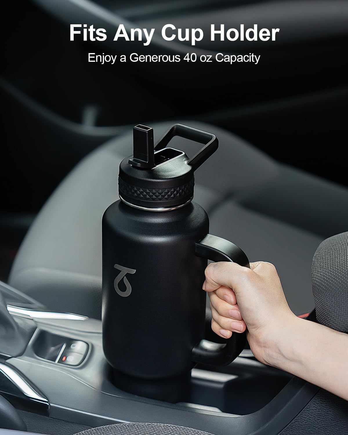 Trebo 40 oz Insulated Water Bottle - Stainless Steel Travel Flask with Handle & Spout Lid | Black