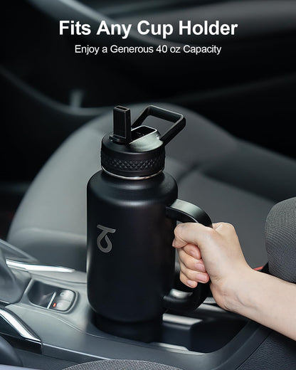 Trebo 40 oz Insulated Water Bottle - Stainless Steel Travel Flask with Handle & Spout Lid | Black