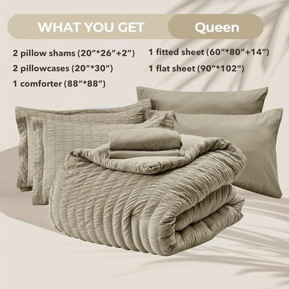 HYMOKEGE Queen Comforter Set - 7-Piece Luxury Linen Bedding Set with Seersucker Design | All-Season Comfort