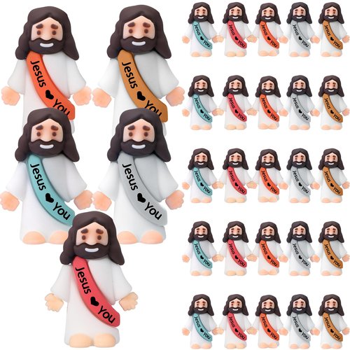 Bememo 25 Pcs Little Jesus Figures, Mini Jesus Loves You Figures, Original Design Multicolor Tiny Easter Figurines to Hide and Seek Religious Gifts for Easter Egg Stuffers(Bohemia Colors)