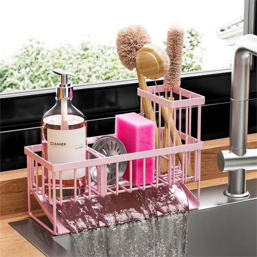Cisily Pink Kitchen Sink Caddy Organizer - Rustproof 304 Stainless Steel with Brush & Sponge Holder