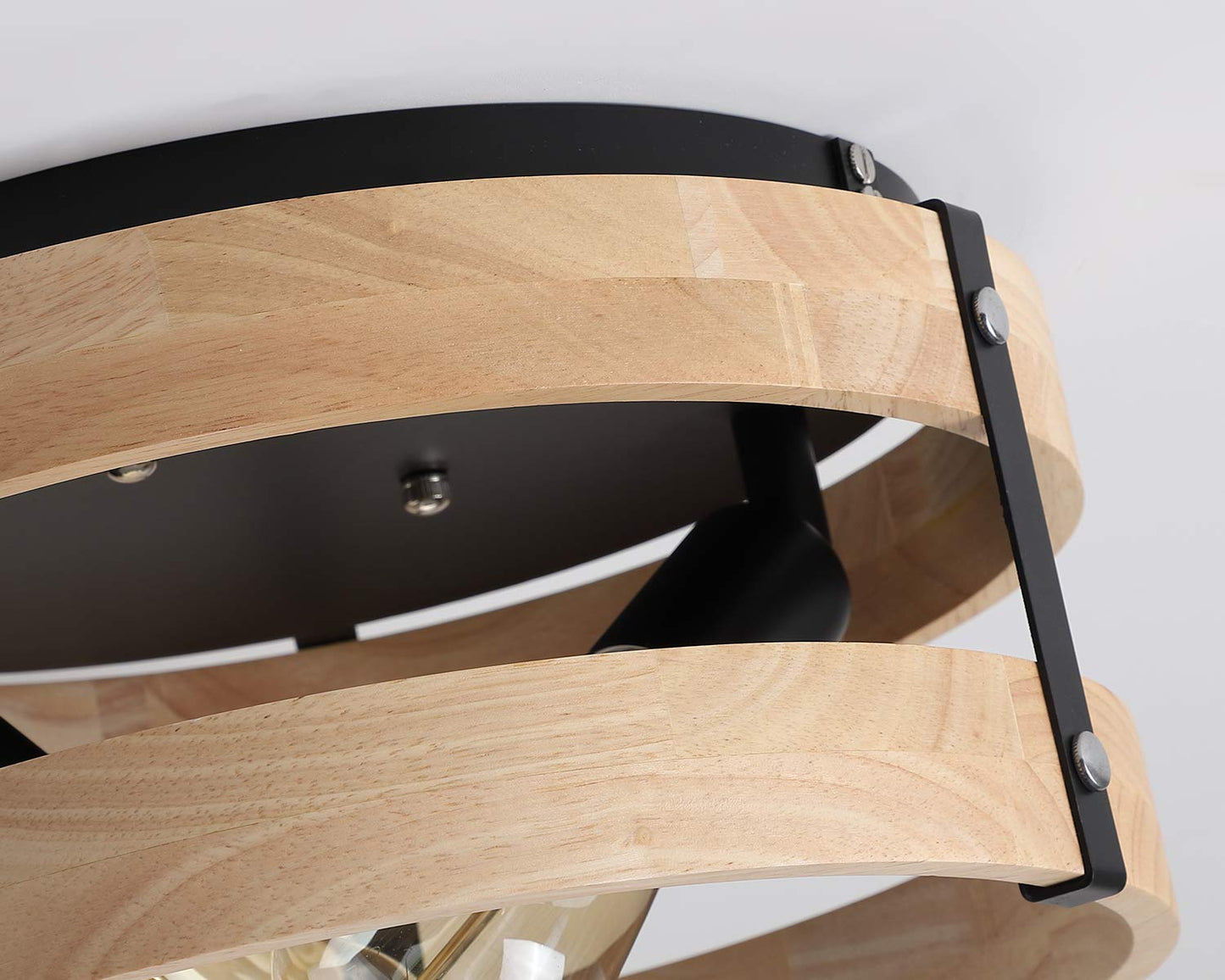 Modern Farmhouse Flush Mount Light Fixture Two-Light Metal and Wood Round Drum Rustic Flush Mount Ceiling Light for Hallway Bedroom Kitchen Entryway, Light Yellow Wood and Black