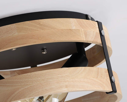 Modern Farmhouse Flush Mount Light Fixture Two-Light Metal and Wood Round Drum Rustic Flush Mount Ceiling Light for Hallway Bedroom Kitchen Entryway, Light Yellow Wood and Black