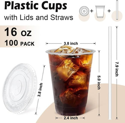 Lamosi 16 oz Clear Plastic Cups - 100 Pack with Lids & Straws for Iced Coffee & Smoothies
