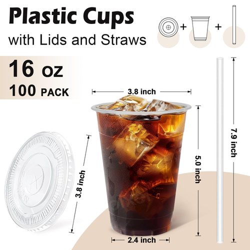Lamosi 100 Pack 16 oz Clear Plastic Cups with Lids and Straws, Disposable Plastic Coffee Cups with Lids for Iced Coffee, Cold Beverages, Smoothies and To-Go Drinks