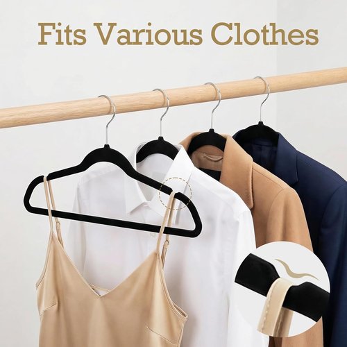 HOUSE DAY Black Velvet Hangers - 40 Pack Non-Slip Heavy Duty Felt Hangers for Space-Saving Closet Organization | 360° Rotating Silver Hook