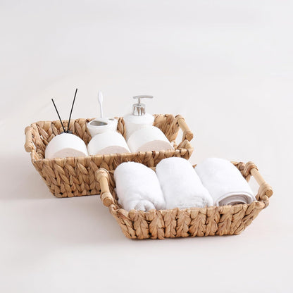 Water Hyacinth Basket by Handcrafted | Large Rectangular Wicker Storage Basket with Wooden Handles