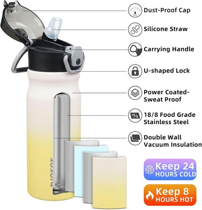 BJPKPK Insulated Water Bottle - 18oz Stainless Steel Flask with Straw & Carry Handle - Lemon Color