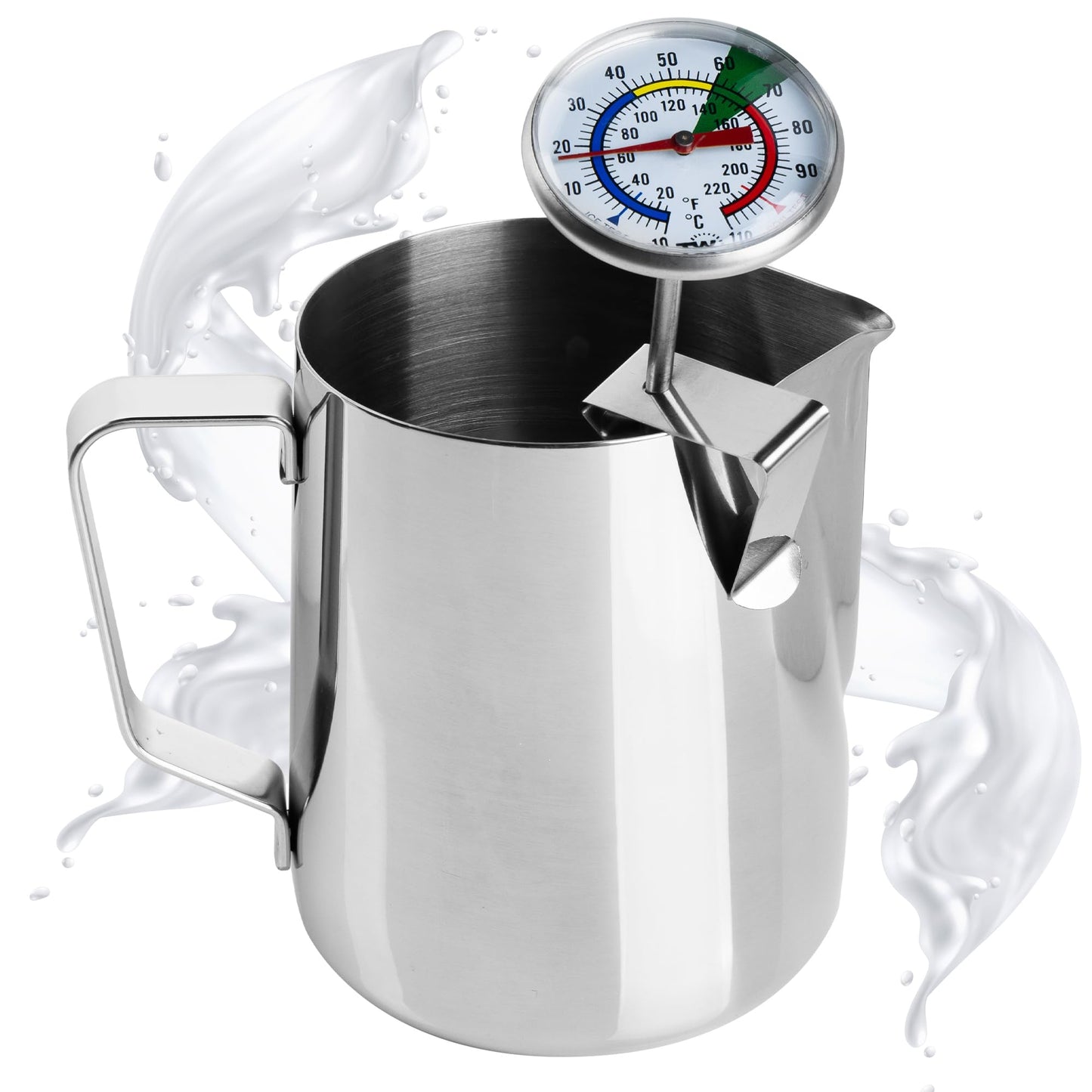 Stainless Steel Milk Frothing Pitcher With Thermometer for Steaming Milk - Ideal Milk Thermometer and 20oz Milk Jug for Making Barista Style Coffee Barista Pitcher Tools and Equipment