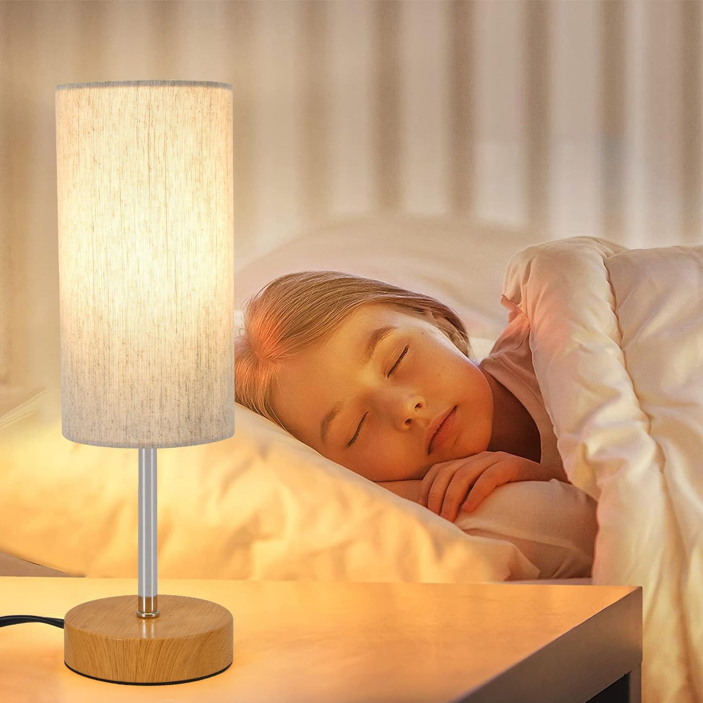 RISLG 2 Pack Small Table Lamps, Bedside Lamps for Nightstand with Wire Switch, Modern Minimalist Desk Lamp with Linen Fabric Shade for Dorm Kids Room Living Room Office Bedroom, Bulb Included