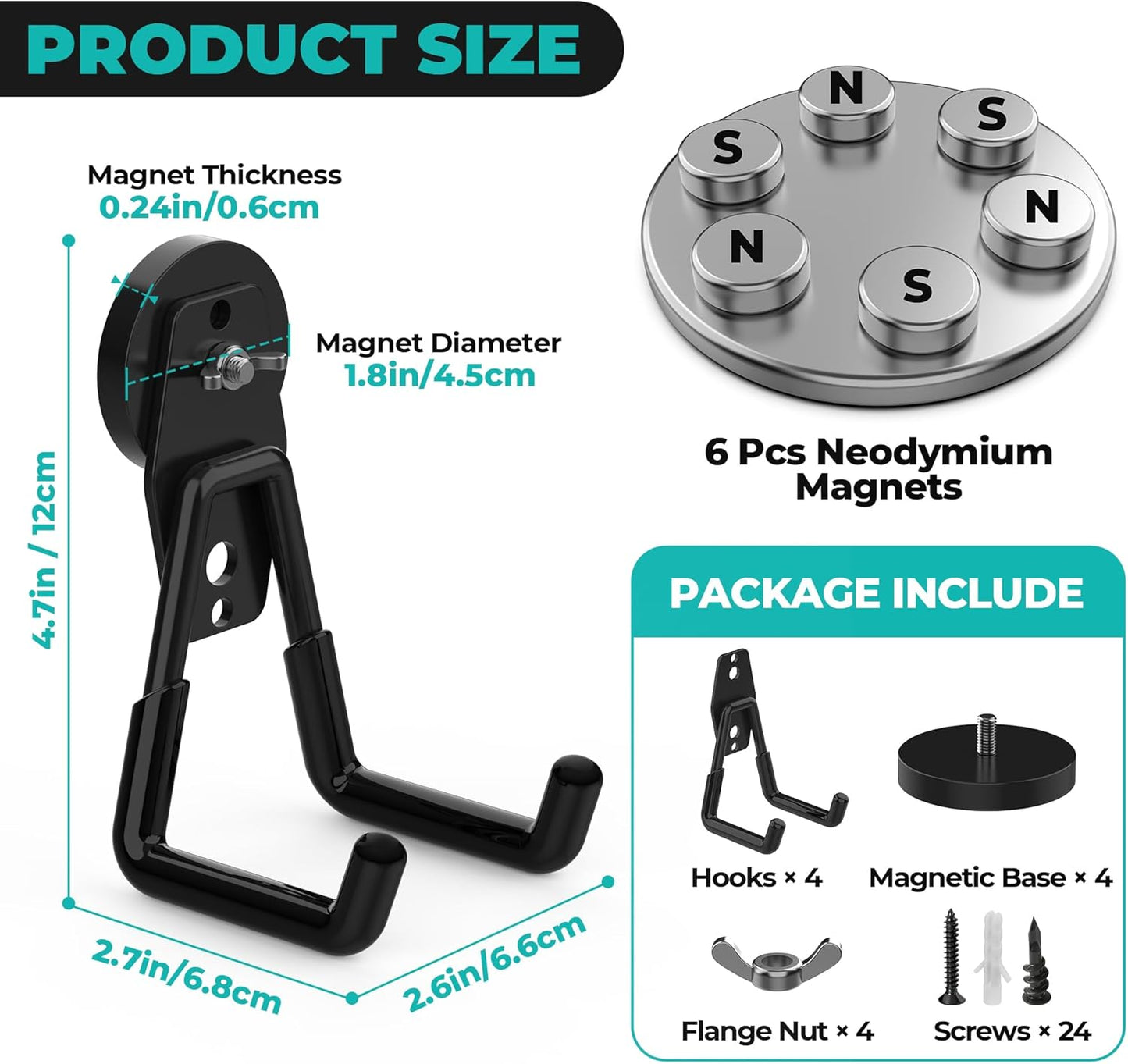 Skiennix Heavy Duty Magnetic Hooks - 4 Pack Large Utility Hooks for Garage Storage | Black