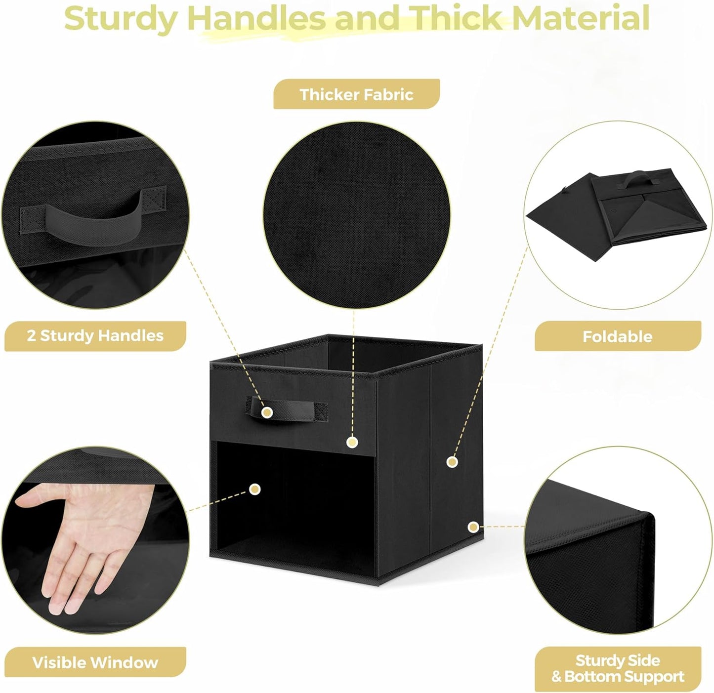 Storage Bins - 11x11 Collapsible Fabric Cubes with Clear Window & Handles | 12-Pack Black Closet Organizers