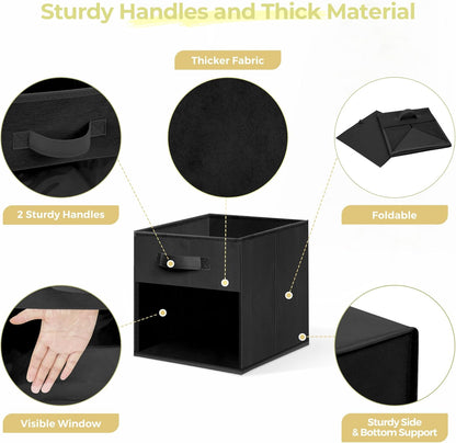 Storage Bins - 11x11 Collapsible Fabric Cubes with Clear Window & Handles | 12-Pack Black Closet Organizers