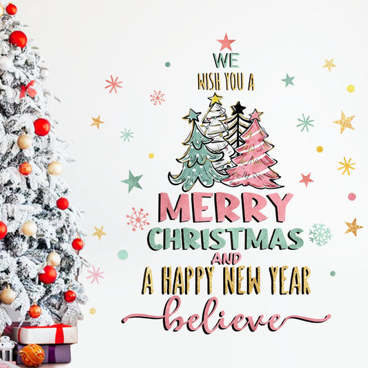 Yovkky Merry Christmas Wall Decals Stickers, Christmas Believe Quotes 2025 Happy New Year Home Bedroom Decor, Xmas Tree Snowflake Star Winter Holiday Party Living Room Kitchen Decorations Art