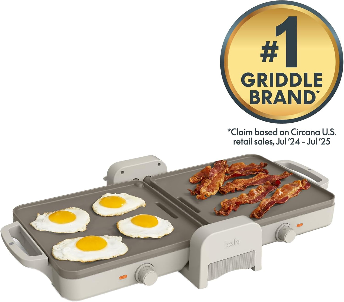Bella Ceramic Fold-N-Store Dual Temp Griddle - Nonstick Coating, 2 Temp Zones, 10"x20", Oatmilk Color