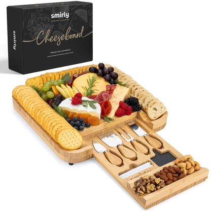 SMIRLY Charcuterie Boards Set - Large Bamboo Cheese Board set - House Warming Gifts New Home, Wedding Gift for Couple, Bridal Shower Gift, Birthday Gifts for Women