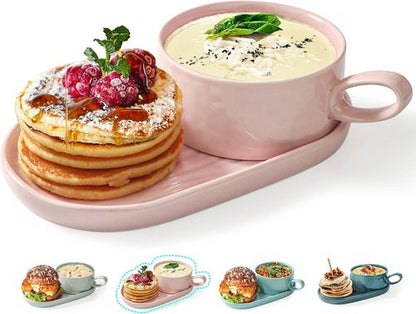 Artena Soup and Sandwich Plate Combo - 16 oz Ceramic Bowls with Handles & 9.85-inch Soft Pink Plates