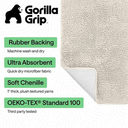 GORILLA GRIP Bath Rug Mat - Soft Absorbent Chenille | Quick-Dry Microfiber, 48x17, Ivory
