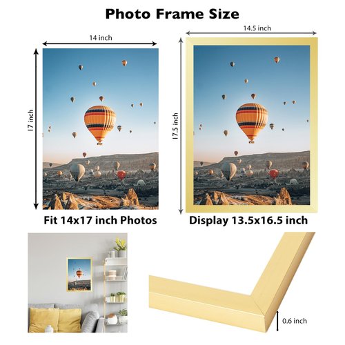 JCJMY 14x17 Picture Frame Gold for Poster Photo Picture, Horizontal and Vertical Formats for Wall Hanging, 14 x 17 Wall Gallery Poster Photo Frame for 14 by 17 Photos Posters, Gold