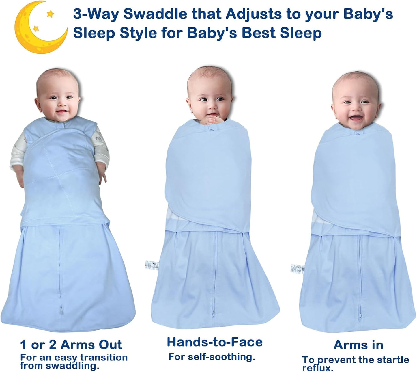Skiennix Baby Sleep Sack Swaddle - 3-Way Adjustable 100% Organic Cotton | 2 Pack for 3-6 Months (Blue & Grey)