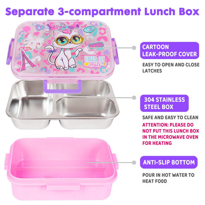 YOYTOO Stainless Steel Bento Lunch Box for Kids, 800ml/27oz BPA-Free Leak-Proof Children Food Containers with 3 Compartments, School Students Daycare Lunches/Snack Container