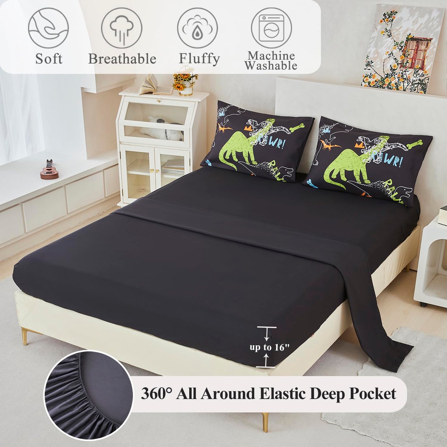 ZSYAYAHA Twin Bed Sets for Kids Dinosaur Boys Bedding Set Black Dinosaur Comforter Set for Girls Teens Soft Lightweight 5 Pieces Bed in A Bag with Sheets(Black, Twin)