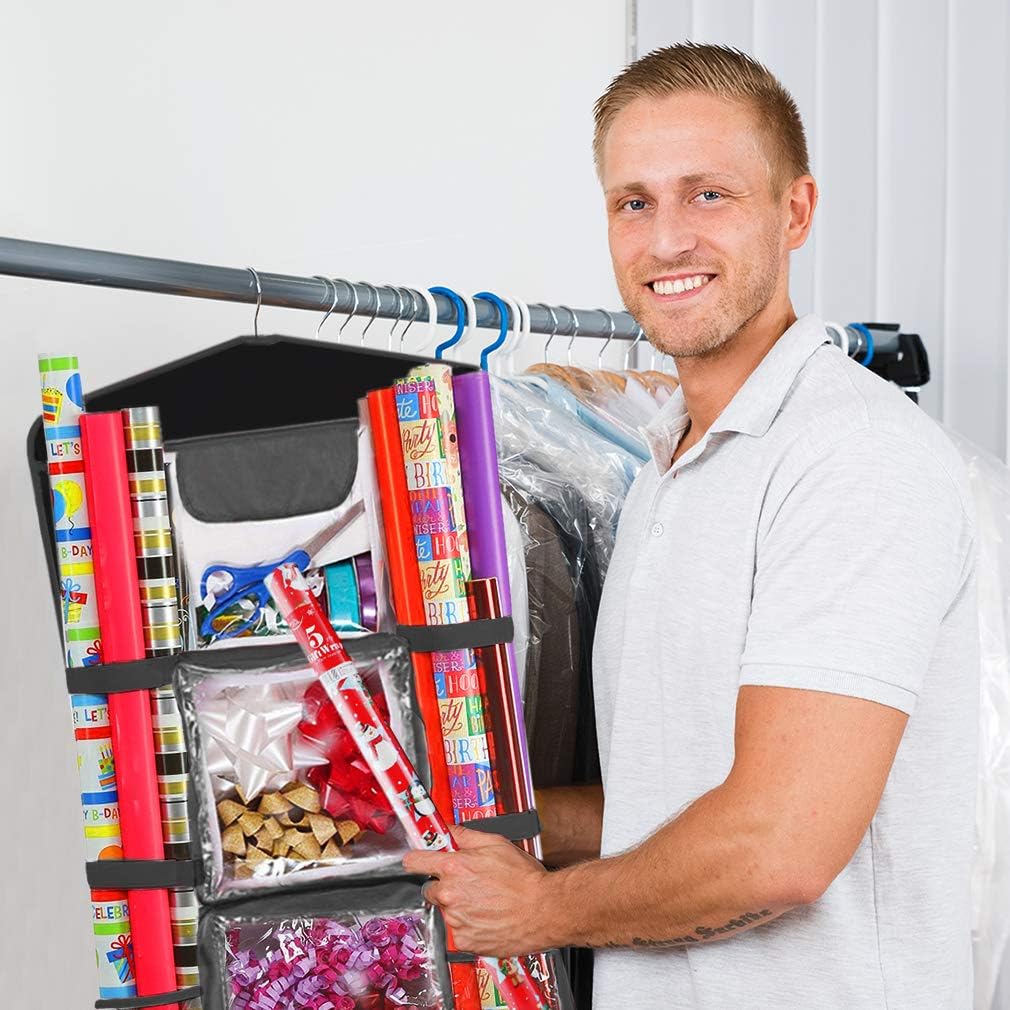 ProPik Wrapping Paper Storage Organizer - Double-Sided Design with Multiple Pockets | Fits 40" Rolls, Black