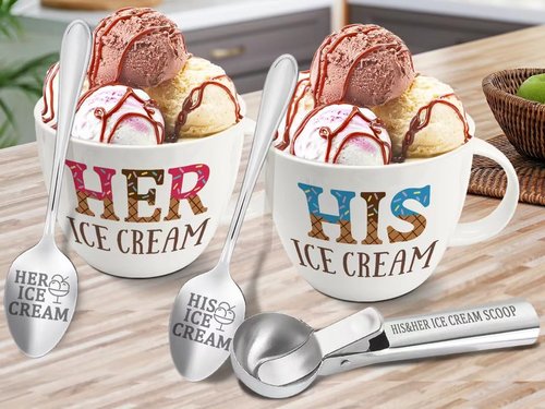 FUTBU Anniversary Couple Gift Ice Cream Bowls and Spoon Scoop Set, His and Hers Gifts, Mothers Day Couples His Her Ice Cream Accessories Bowl Present, Unique Wedding Gift 2025 for Friends