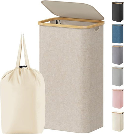 Lifewit 100L Laundry Basket - Foldable Hamper with Lid & Bamboo Handles | Beige, Large Capacity