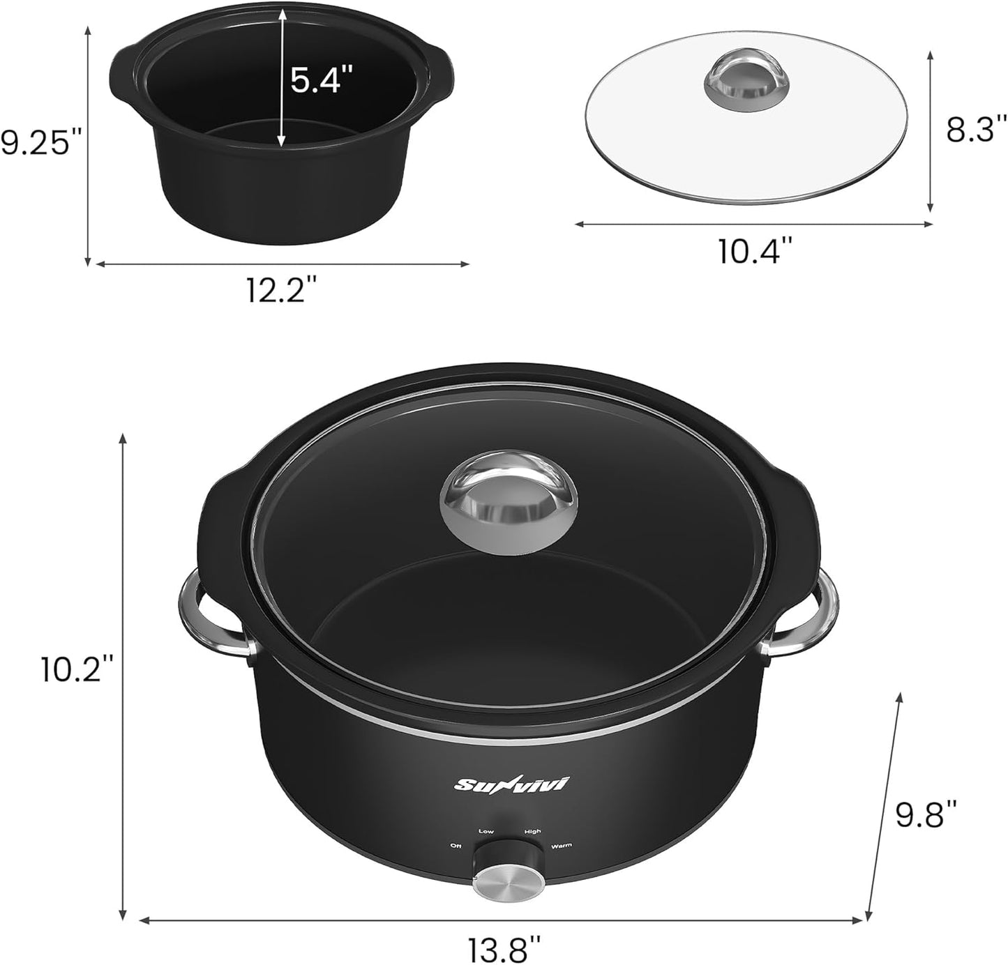 Sunvivi 4QT Small Slow Cooker - Mini Food Warmer with 3 Heating Settings & Removable Ceramic Pot | Black