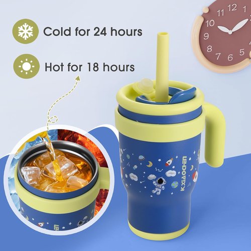 KXIAOCHEN Toddler Tumbler - Spill-Proof 14 Oz Insulated Stainless Steel | Keeps Drinks Cold 24 Hrs - Navy Blue Spaceman