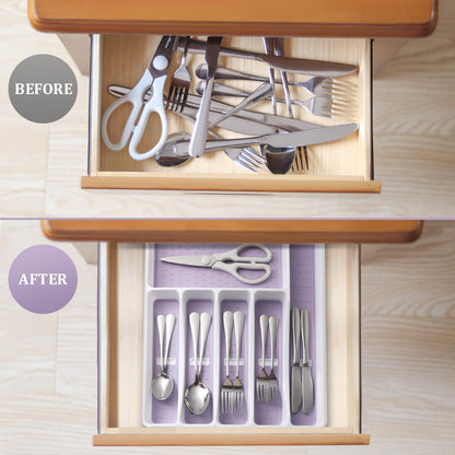 Silverware Organizer with Cutlery Icons，Silverware Tray for Kitchen Drawer，Plastic Flatware Tableware Silverware Drawer Organizer Utensil Organizer with Non-slip TPR Linings，6-Compartment,Purple