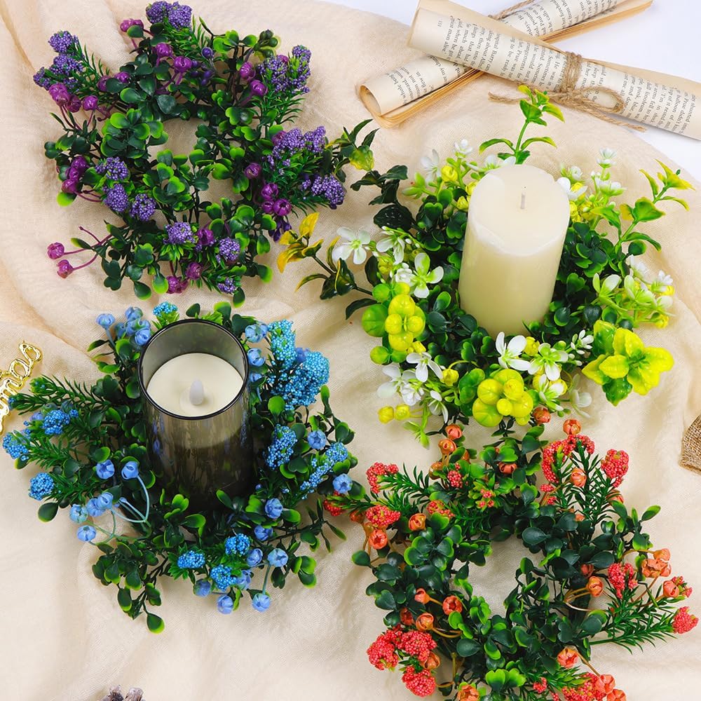 Skiennix 2-Piece Artificial Lavender Flower Wreaths - Eucalyptus Leaf Candle Rings | 3-Inch for Pillar Candles (Purple)