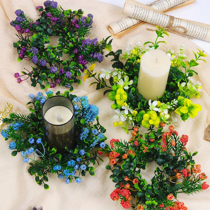 Skiennix 2-Piece Artificial Lavender Flower Wreaths - Eucalyptus Leaf Candle Rings | 3-Inch for Pillar Candles (Purple)