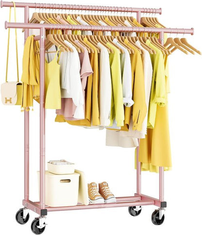 HYSEYY Double Rod Clothes Rack - Sturdy Portable Metal Garment Rack for Bedroom & Laundry | Pink