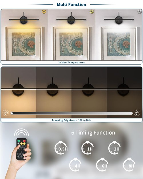 JOOSENLUX Modern Wall Lights Battery Operated Black Wireless Picture Lights for Wall 16.5" Inch Dimmable Under Counter Lights for Kitchen with Swing Arm as Canvas Wall Sconce Light 3000K CRI95+