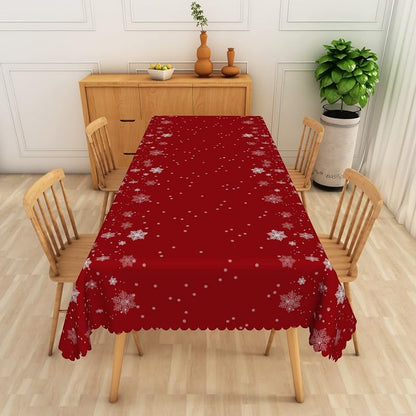 Rectangular 70x180 Inch Christmas Tablecloth - White Snowflakes Dots Red Pattern, 100% Polyester