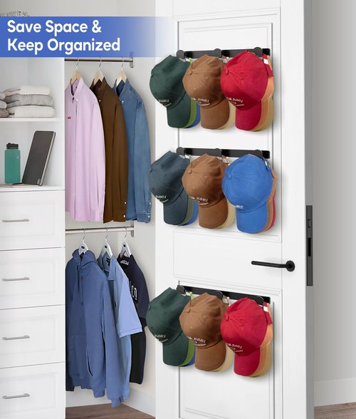 KIMBORA Hat Rack Organizer - Holds 36 Baseball Caps | 4 Packs with 3 Mounting Options - Black
