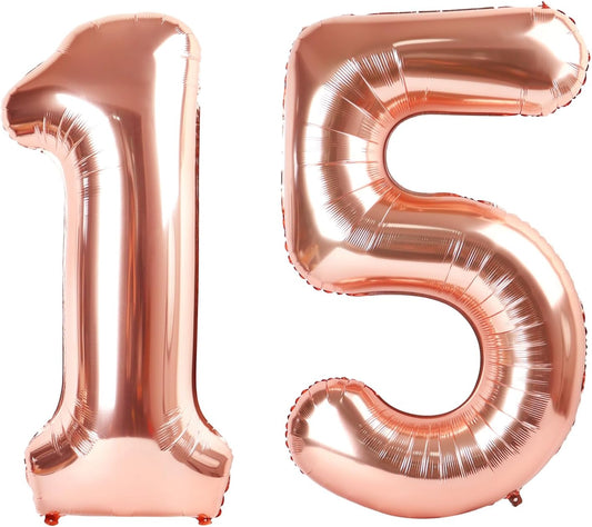 Rose Gold 40-Inch Number 15 Balloons | Big Foil Birthday Decorations for 15th Anniversary Parties