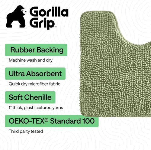 GORILLA GRIP Bath Rug Mat - Plush Absorbent Shaggy Chenille for Oval Toilet Base - Sage, Machine Washable
