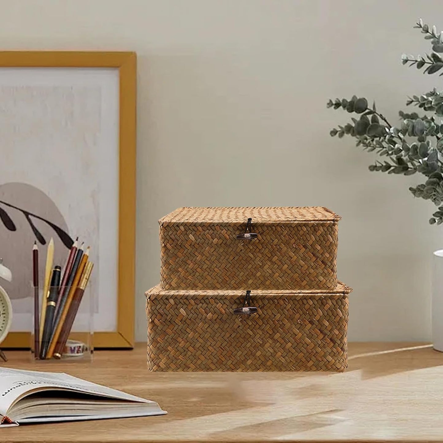 Skiennix Storage Baskets - 2 PCS Woven Seagrass Baskets with Lid for Stylish Organization | 10x6x4 & 9x5x3 Inches